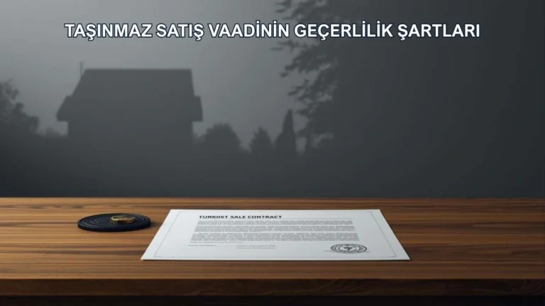 Taşınmaz satış vaadi konulu görselde masa üstündeki sözleşme belgesi ve arka planda ev silüeti yer alıyor