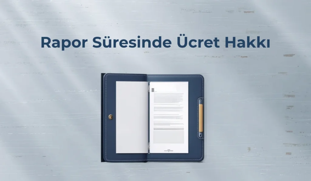 Rapor süresinde ücret hakkı başlıklı, belge ve kalem bulunan mavi dosya tasarımı