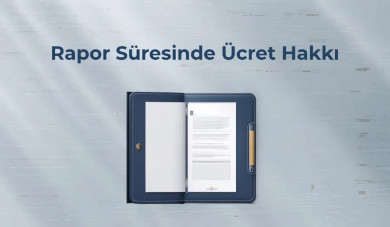 Rapor süresinde ücret hakkı başlıklı, belge ve kalem bulunan mavi dosya tasarımı
