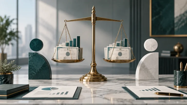 Boşanmada şirket paylarının tasfiyesi ve değerlemesini simgeleyen terazi ile şirket payları